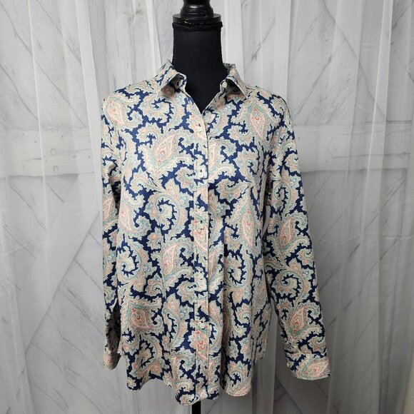 Chaps Tops - Chaps Navy Blue Pink Paisley Button-Down Long Sleeve Boho Blouse Size PXL